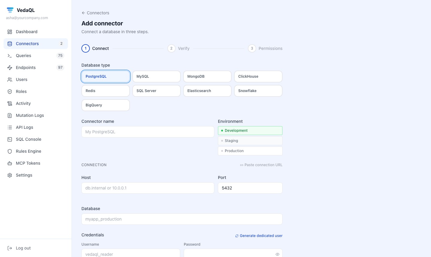 Adding a database in VedaQL: PostgreSQL, MySQL, MongoDB, ClickHouse, Redis, SQL Server, Elasticsearch, Snowflake, BigQuery